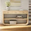 [Vidéo] Console incurvée moderne avec 3 tiroirs à fermeture en douceur et 2 tablettes ouvertes, base en bois massif, table de vestibule pour vestibule de salon, naturel-2055032579
