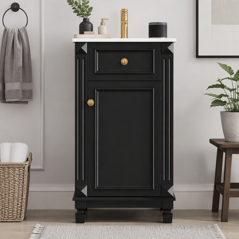 Meuble-lavabo de style français de 45,7 cm (18 pouces) avec porte à fermeture en douceur, Noir, Doré