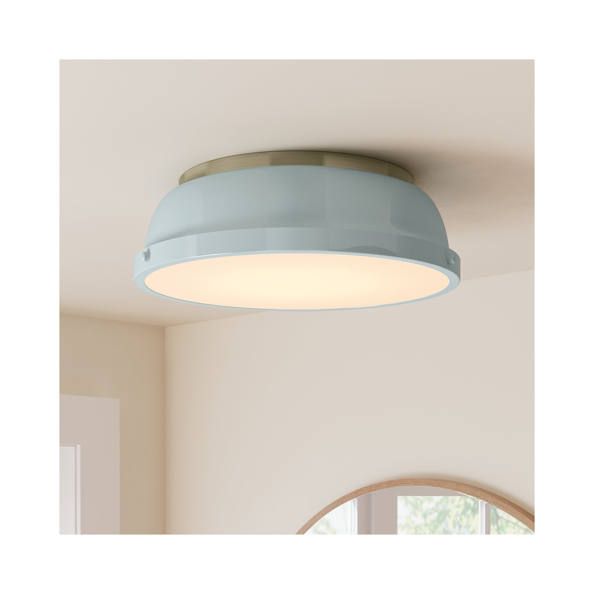 Calico 2 Light Steel Flush Mount, Seafoam, Aged Brass