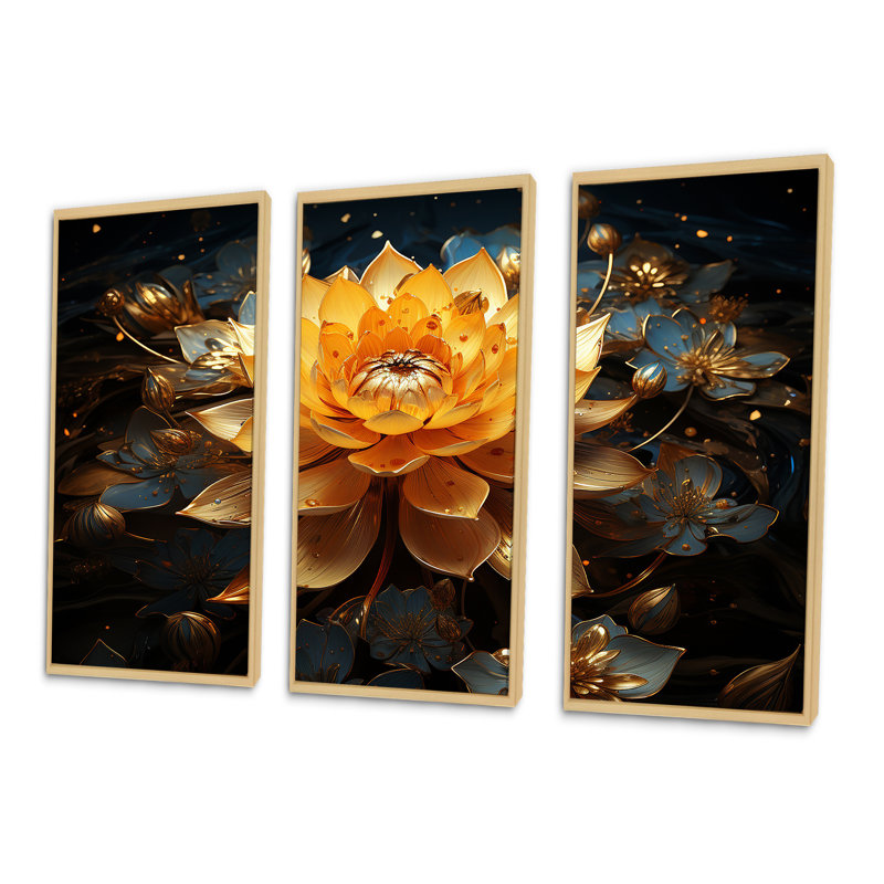 Golden Lotus Tranquility II - lotus, art mural sur toile, H 40 po x l 60 po x P 1 po, Cadre naturel flottant