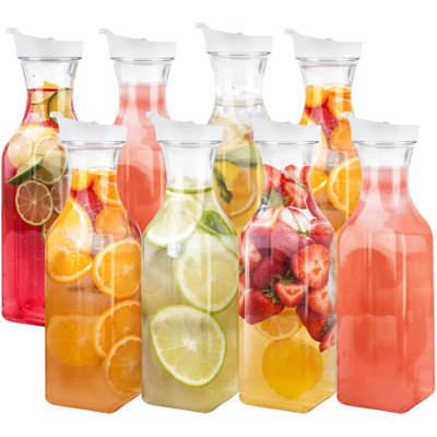 [50 Oz - 8 Pack] Plastic Carafe With Lid,  Capacity Square Base - Clear Pitcher With Flip Top Lid, Easy-Pour Spout Juice Containers With Lids - Perfect For Mimosa Bar, Water, And Cold Brew