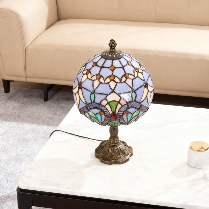 12''h Tiffany Style Table Lamp, Resin Base And Stained Glass Lampshade Table Lamp
