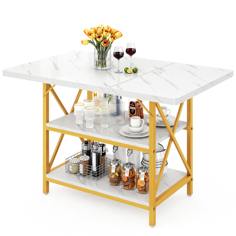 Vondie 47" Metal Base Rectangle Dining Table, Kitchen Table With Storage Shelf For 4 People, White/Gold