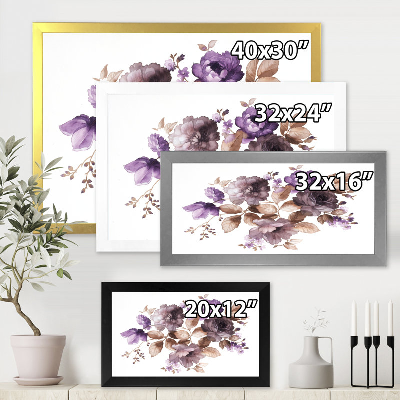 Fleurs mauves rétro avec feuilles brunes - Peinture sur toile, H 30 po x l 40 po x 1,5 po, Toile encadrée d'or