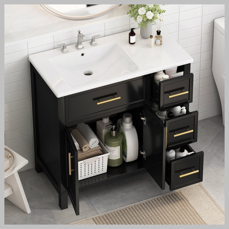 Meuble-lavabo 36 po avec comptoir, meuble-lavabo avec deux portes et trois tiroirs, bois massif, panneaux de fibres à densité moyenne, un paquet, noir