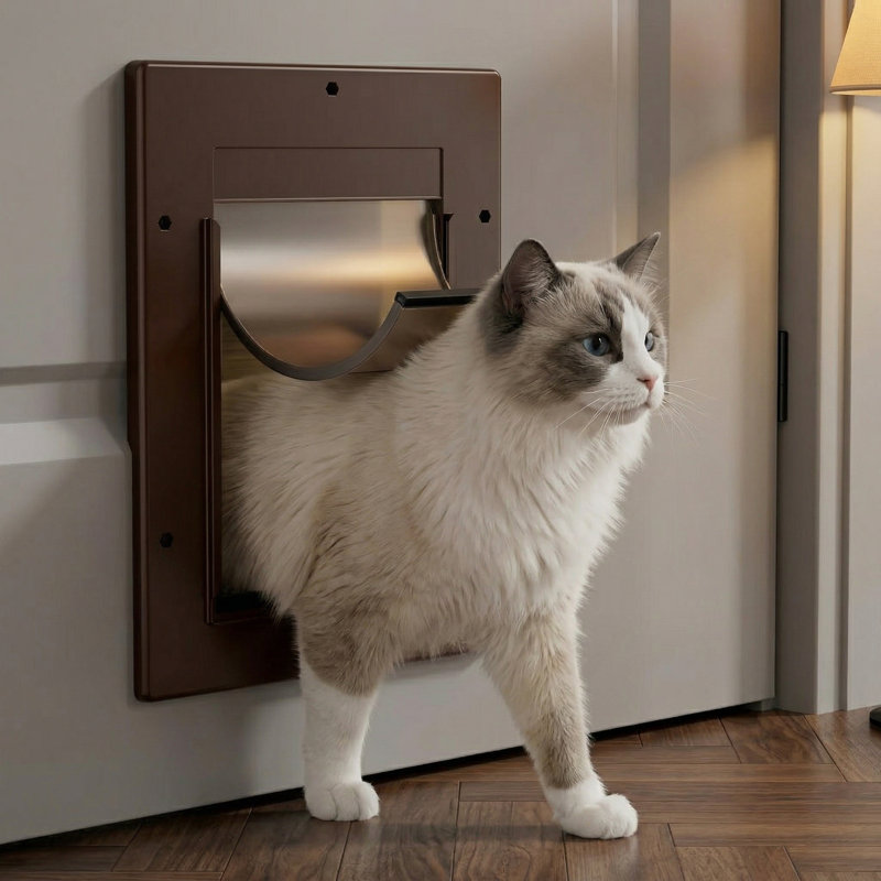 Porte pour chat intérieure / extérieure avec volets magnétiques doux, fermeture à panneau coulissant, tunnel télescopique, bricolage facile, pour chats jusqu'à 20 lb, brun