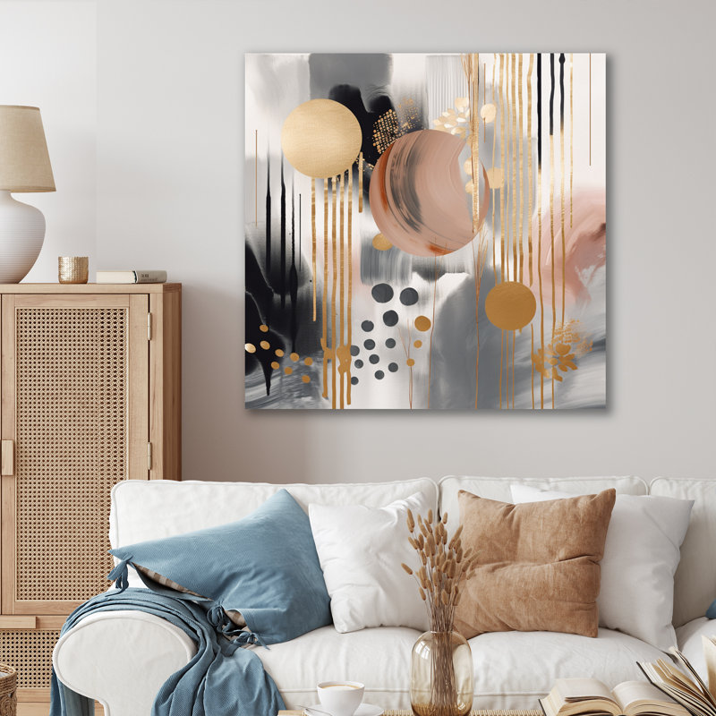 Rayures et cercles abstraits couleurs douces - Décoration murale abstraite en métal marbré, H 36 po x l 36 po x P 1 po