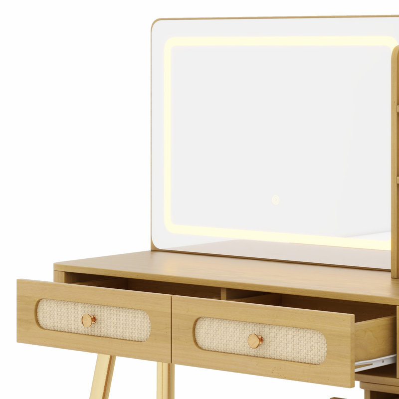 Lighted Mirror Vintage Makeup Vanity, Rattan Drawer Design Dressing Table with 5 Drawers & Storage Shelves, Natural