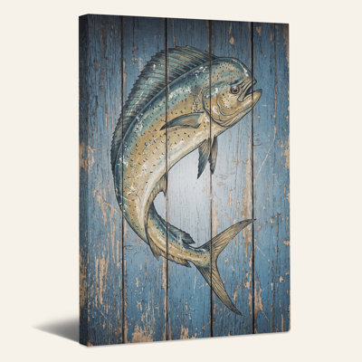 Mahi Mahi Fish On Distressed Blue Wood Planks Canvas Wall Art