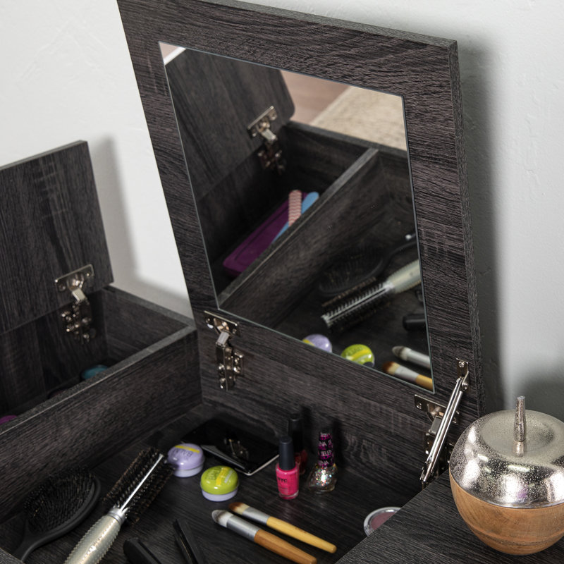 Coiffeuse noire avec miroir - compartiment caché spacieux et tiroir profond pour les accessoires de maquillage