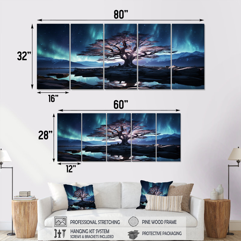 «Blue and Pink Tree In Northern Lights II», ensemble d'art mural 5 pièces, H 32 po x l 80 po