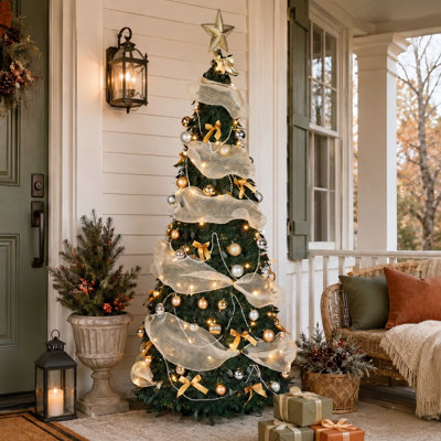 6FT Foldable Pre Lit Christmas Tree with Ribbon and Ornaments Remote Controlled Indoor Xmas Holiday Decoration