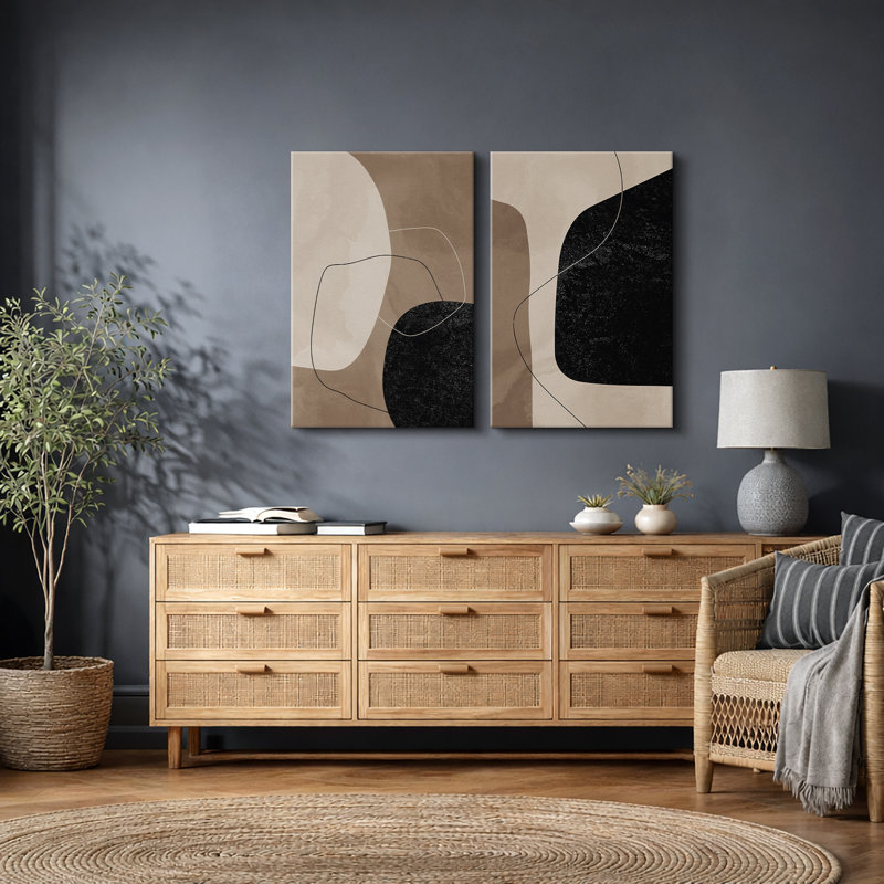 Forme Mid-Century «brun chaud et noir délavé, lignes abstraites, images murales modernes minimalistes neutres, impression sur toile encadrée 2 pièces, 16 x 24 x 2, 24 x 36 x 2