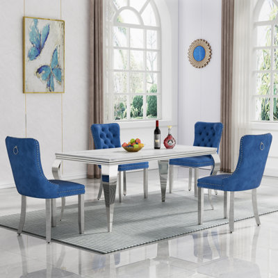 68" Luxury Faux Marble Dining Table Set, Modern Kitchen Table with Stainless Steel Pedestal, Modern Dining Room Table with Velvet Dining Chairs, Dining Table Set