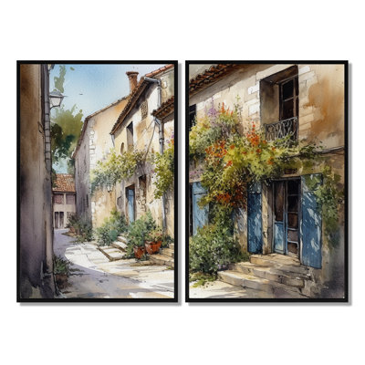 Mediterranean Village Street V - Beige Traditional Canvas Prints 2 Panels