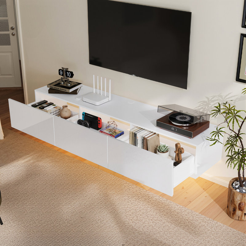 160cm Floating TV Unit, 3 Drawers & 3-Color LED Light, Wall Mount or Floor Stand, White  