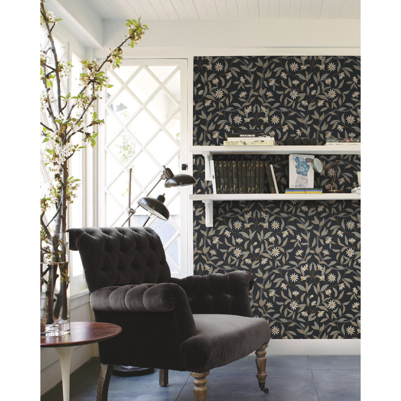 Papier peint floral Helghi, Noir métallique