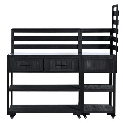Patio Kitchen Island, Garden Potting Bench with Raised Shelf and Drawers