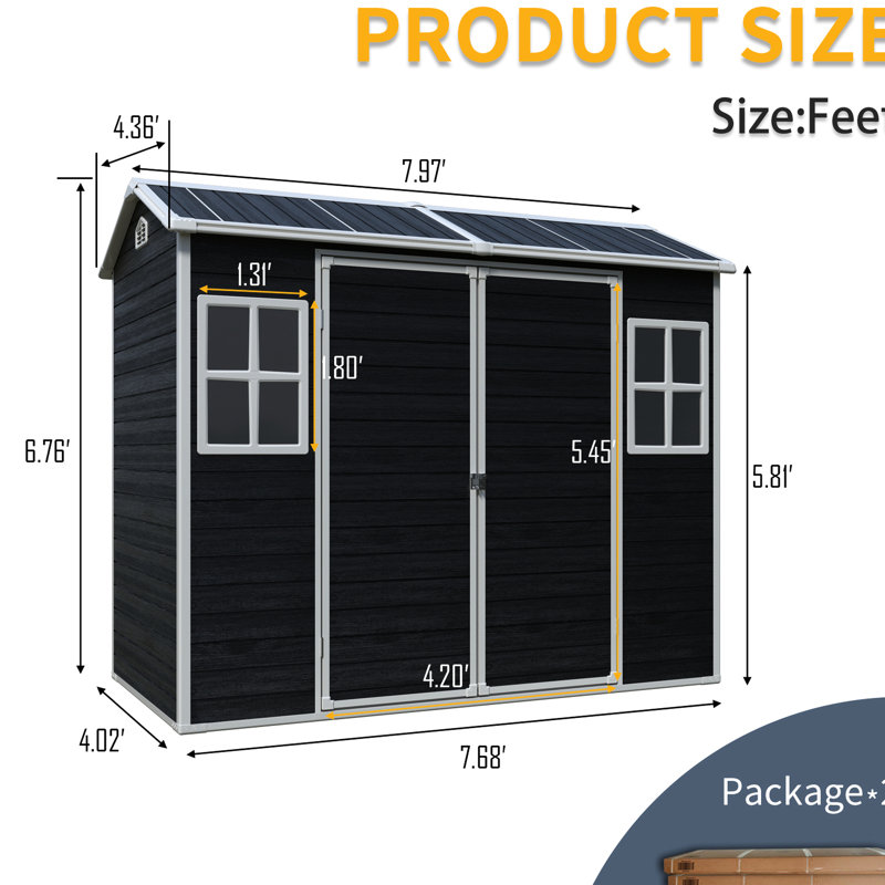 Remise de rangement extérieure 8 pi x 4 pi, noire, avec double porte, deux fenêtres, plastique, plancher pour jardin, patio, cour, pelouse, portes verrouillables, durabilité toutes saisons, bouches d'aération, simple