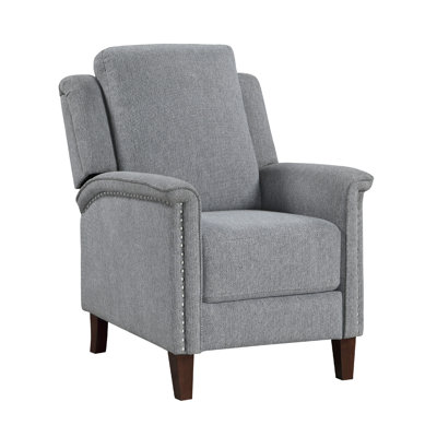Push Back Recliner Chair, Gray Chenille, Nailhead Trim, Dark Brown