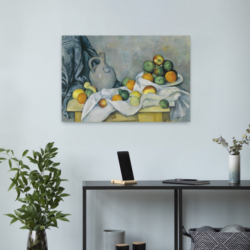 Rideau, cruche et bol de fruits, C., H 16 po x l 24 po