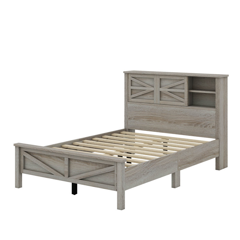 Ranee Farmhouse Platform Bed With Double Sliding Barn Door, Rustic Wood Bed Withcharging Station, Wood Slats Support, Full