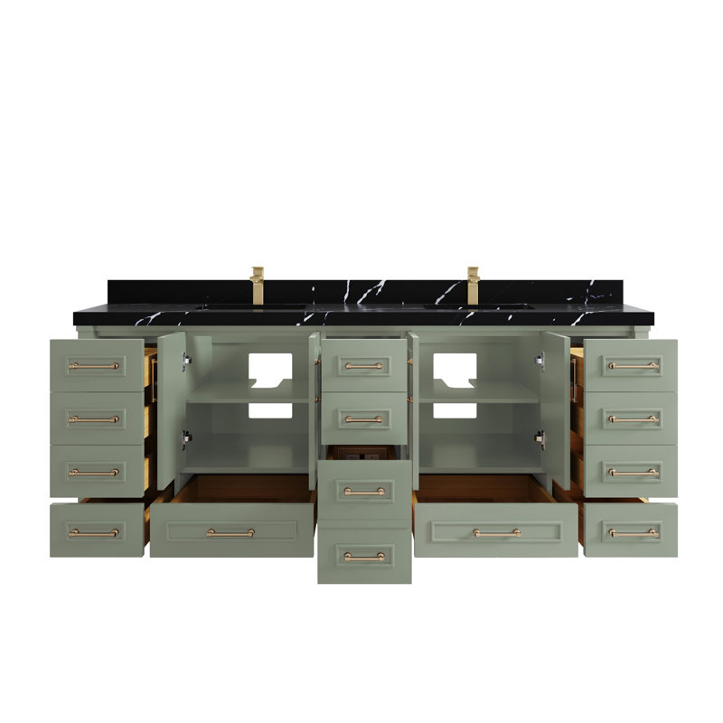 Ensemble de meuble-lavabo double 84 po Aberdeen, Quartz noir Calacatta, À feuilles persistantes