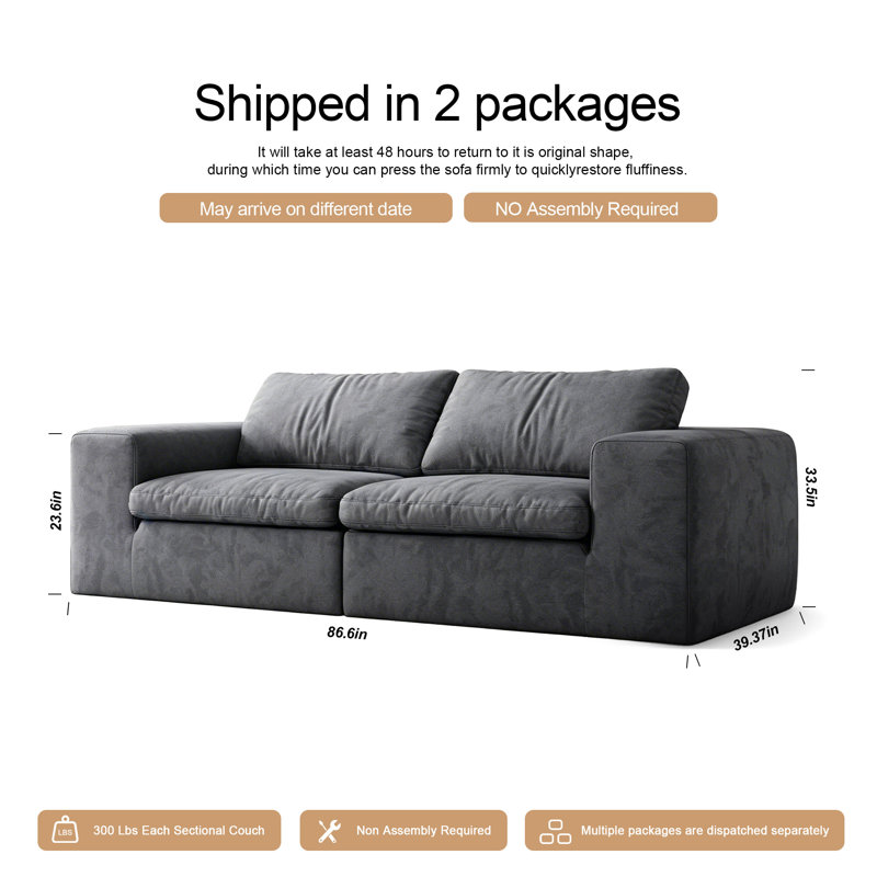 Dark Gray Modern Modular Square Arm Loveseat Sofa With Wide Armrests, Removable Washable Cushions, Gray
