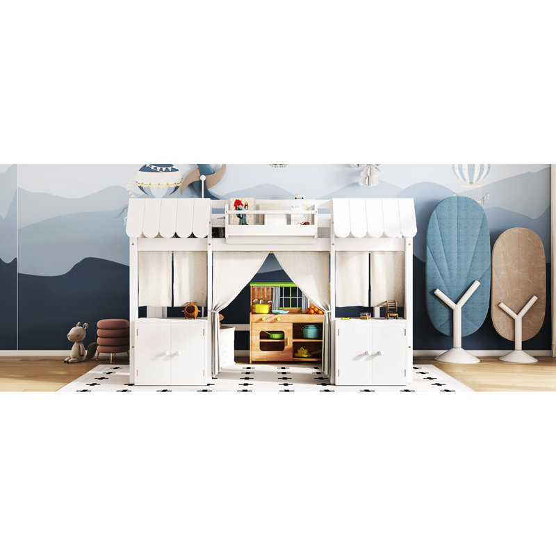 Lit mezzanine double en blanc avec rangement intégré, bibliothèque et rideau, barrières de sécurité, conception d'amusement, style loft, style chalet