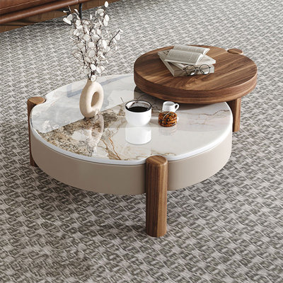White&Brown Manufactured Wood + Sintered Stone Round Coffee Table Sets