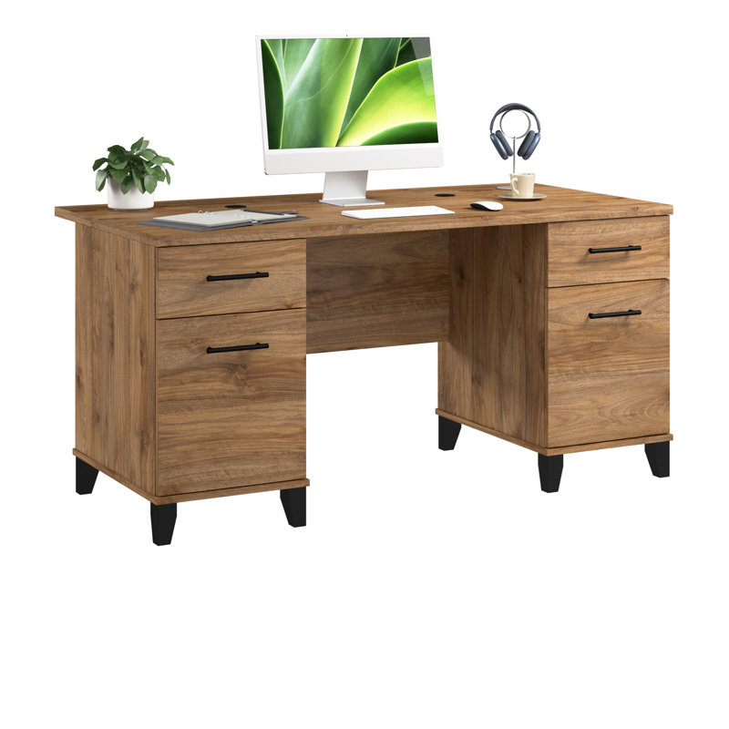 Bureau 60 po avec tiroirs Kaionna, bureau d'ordinateur avec rangement, bois moderne, noyer frais, Noyer frais