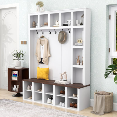 Modern Wooden Hall Tree with Bench, Adjustable Shelves, Shoe Storage and Hooks for Entryway