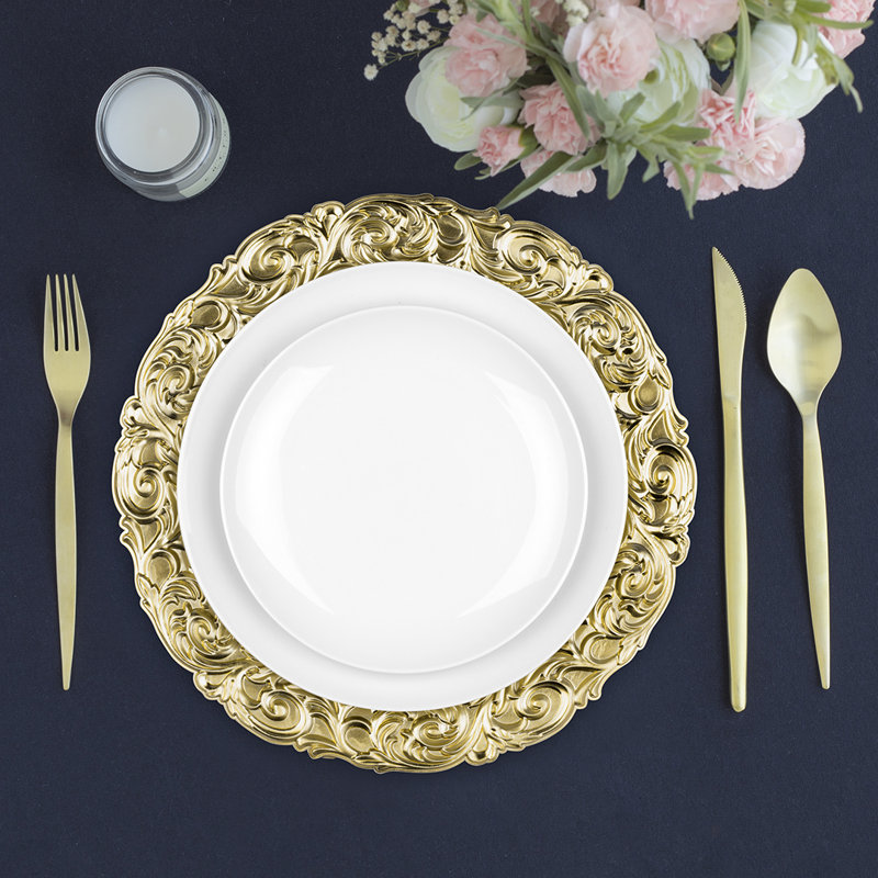 Gold Baroque Round Porcelain Charger Plates Set of 4