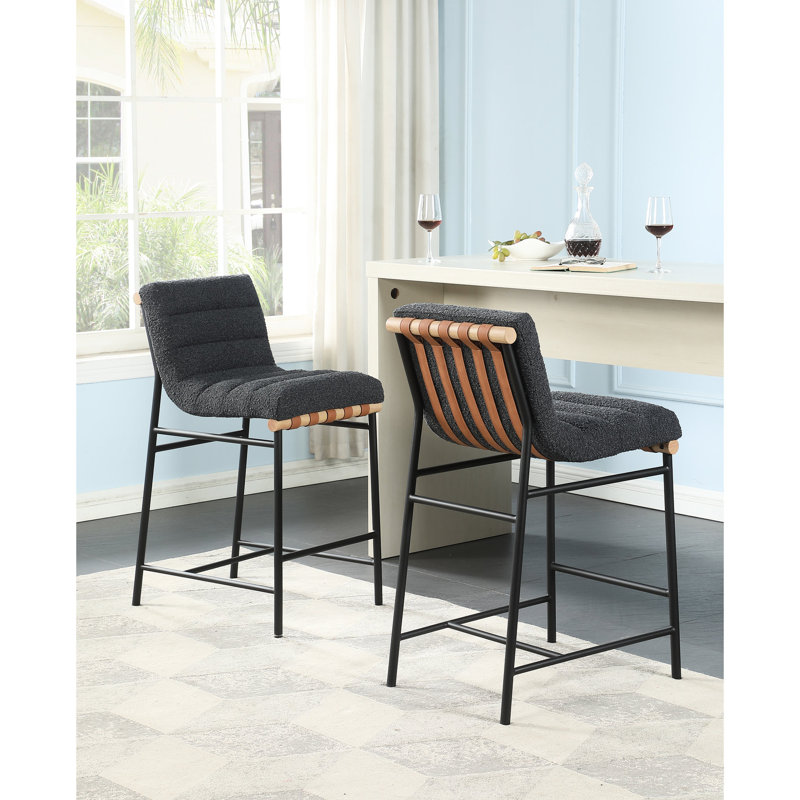 Chaise à hauteur de comptoir - Boucle gris foncé avec pieds en fer noir revêtu de cuir cognac