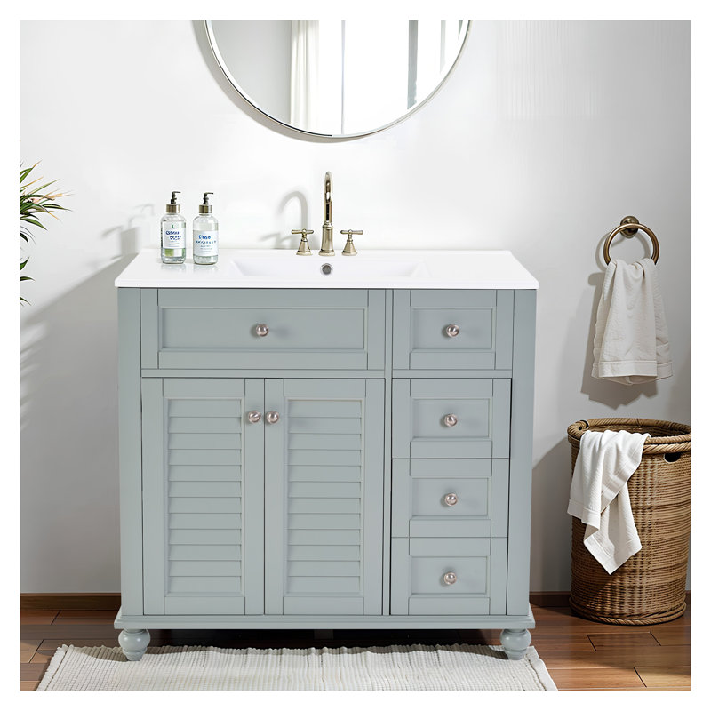 Meuble-lavabo bleu gris 36 po avec lavabo en céramique - Structure en bois massif et tiroirs à fermeture en douceur pour un rangement moderne