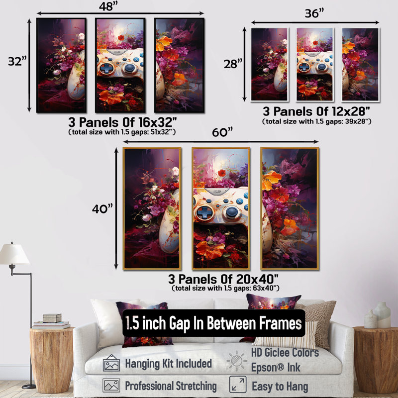 Blooming Multicolor Gaming contrôleur - art mural jeux vidéo, Cadre flottant noir, H 28 po x l 36 po