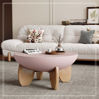 Table basse ronde moderne, table basse de 76 cm en forme de bol avec pieds en bois massif, plateau lisse peint, montage facile, style milieu du siècle, idéale pour les petits espaces (salon, appartement), rose et noyer