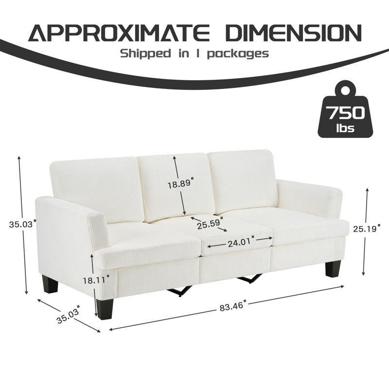 84'' Corduroy Upholstered 3-Seater Sofa for Living Room Apartment Office, White, White