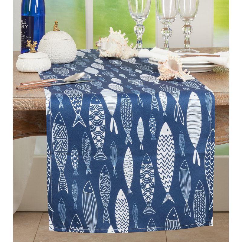 Navy Blue Fish Design Polyester Table Runner, 16"x70"