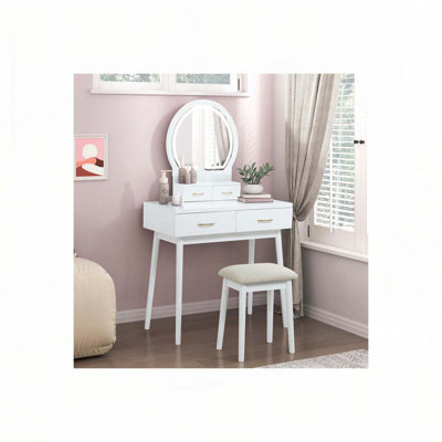 Beautiful White Finish Vanity Dresser with Mirror and Stool Set Storage Drawers Luxury Furniture 1pc LED Mirror