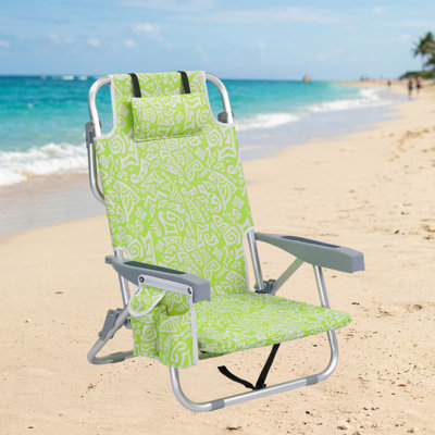 5-Position Reclining High Seat Folding Beach Chair, Lightweight Aluminum Lawn Chair With Side Cup Holder & Rear Storage Pockets For Camping, Picnic, Sports & Backyard