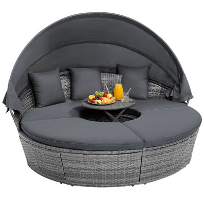 Outdoor Round Daybed with Retractable Canopy, Cushions & Throw Pillows for Lawn Mix Gray+Gray