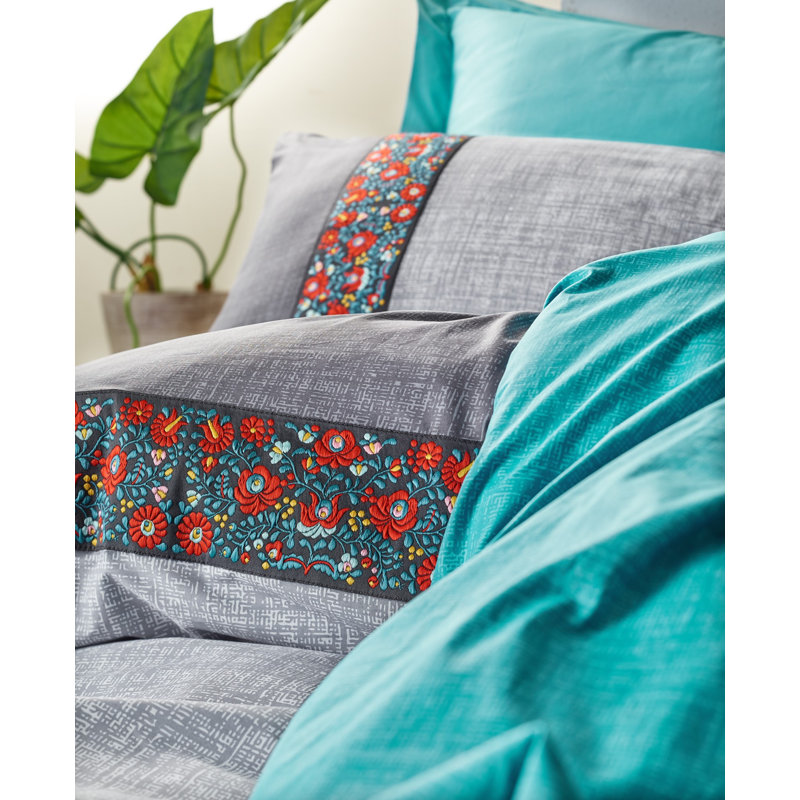 Ensemble de housse de couette 100% coton bleu / gris / rouge 4 pièces Monee