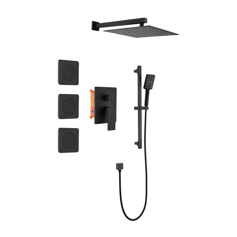 Matte Black Shower Kit With Head, Hand Shower, Slide Bar, Bodysprays, Arm, Hose, Valve Trim, Lever Handles. Self-Cleaning Ability. Wall Mounted. Made From Brass Bar. Unclogged Water Outlet. American