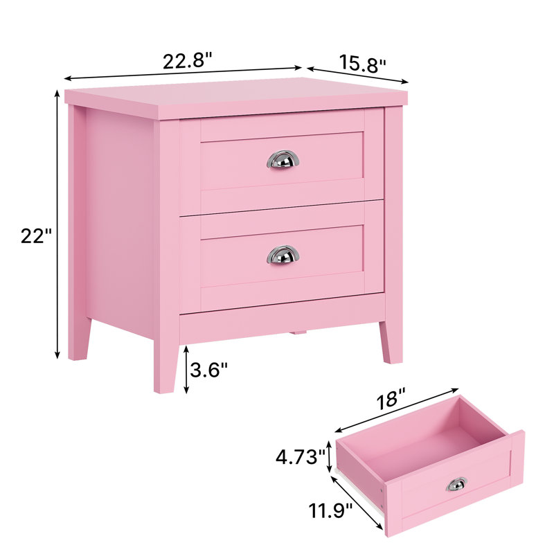 Ensemble de 2 tables de chevet Haven avec 2 tiroirs, tables de chevet Shaker avec poignées argentées et pieds antidérapants, tables de bout rose pastel et bleu pour la chambre à coucher et le salon