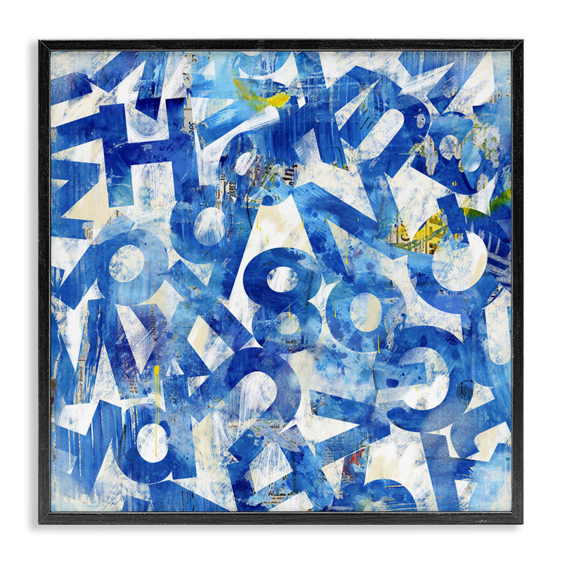 "Blue Typographie Collage", estampe numérique par Laura Gibson, H 24 po x l 24 po, Giclée encadrée noir minuit