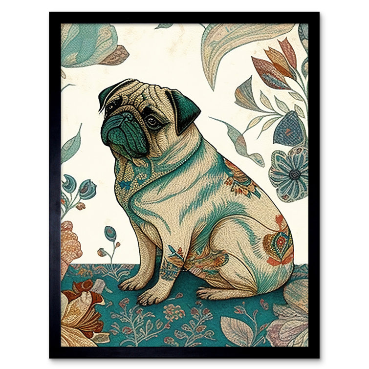 Pug Dog With Floral Patterns Vintage Inspired Multicoloured Linocut - Single Picture Frame Print