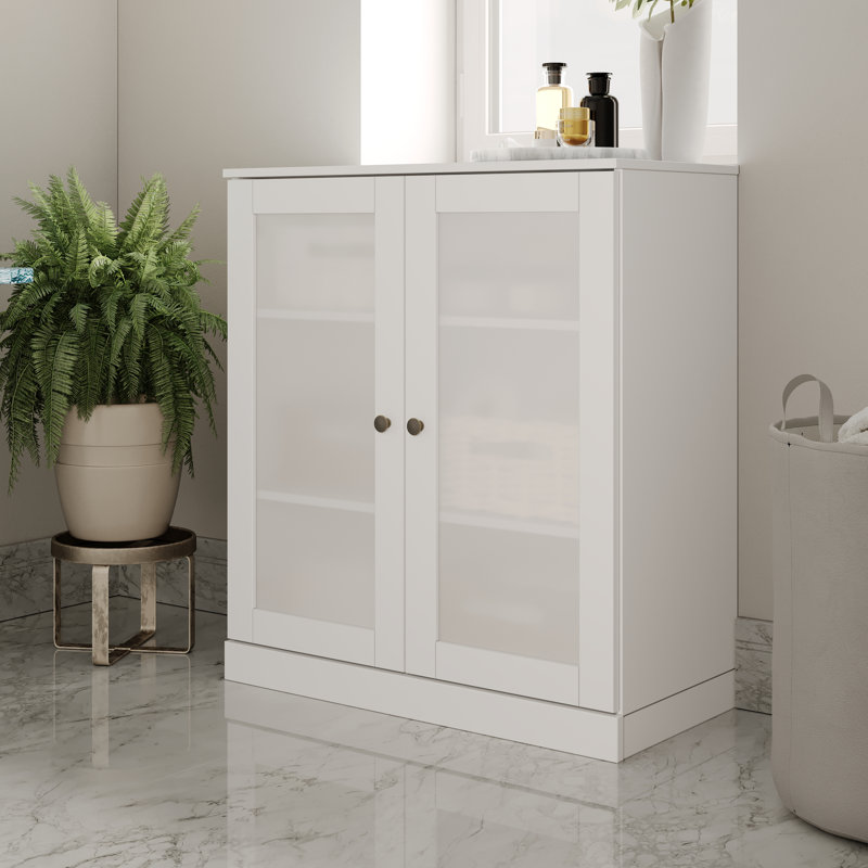 Armoire de salle de bain 100% bois massif 32 po avec portes en verre givré et tablettes réglables, Blanc