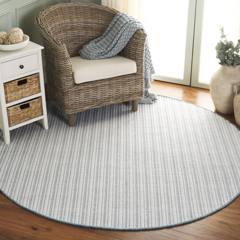 909 Hand Woven Cotton/Wool Striped Rug in Turquoise/Ivory, Round 6'