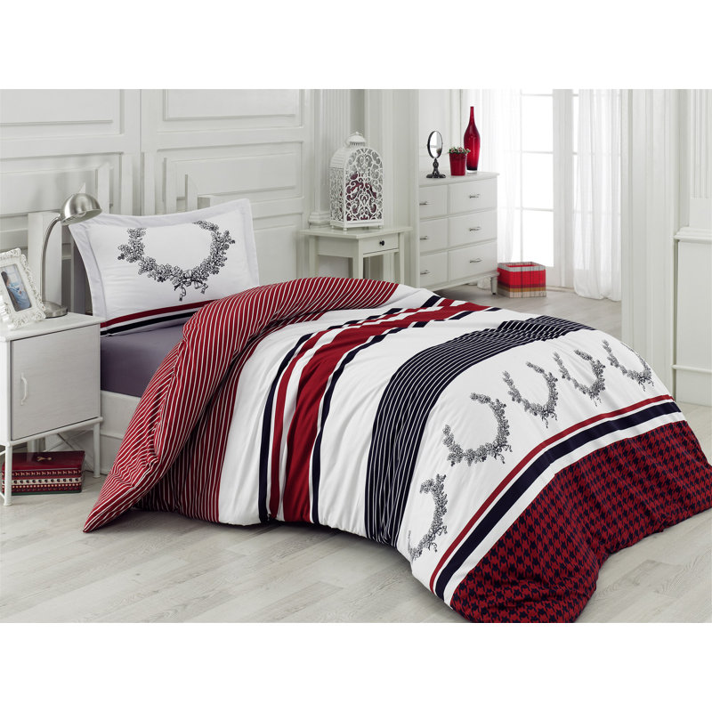 Ensemble de housse de couette 100% coton blanc / noir / rouge Totnes, Housse de couette 94 po x 87 po + 2 taies d'oreill